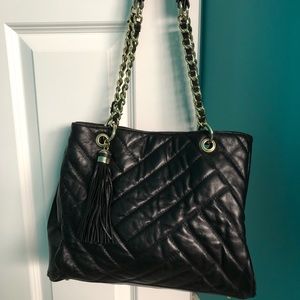 Quilted black leather tote bag